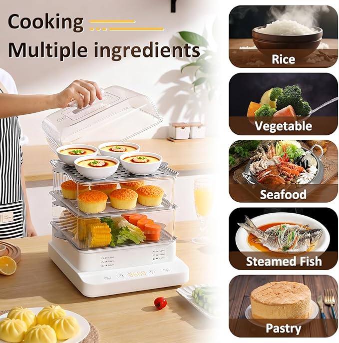 22L/23QT Electric Food Steamer, 3 Layers Food Steamer, 800W Commercial Stainless Steel Steamer, Large Capacity Breakfast Machine with Timer, for Home, Restaurant, Party