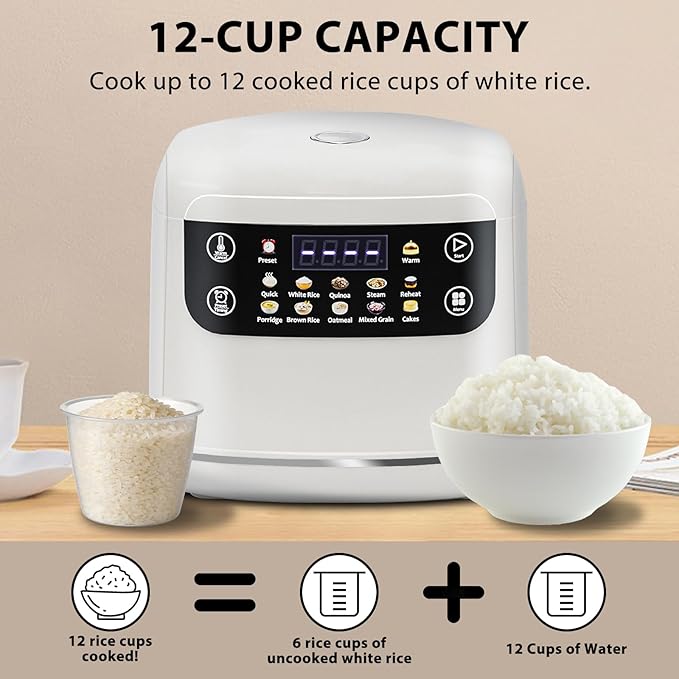 Portable Digital Rice Cooker, 6-Cup (Uncooked)/12-Cup (Cooked) Small Rice Maker with Steaming Basket, Mini Rice Cooker with 2L Removable Nonstick Inner Pot, 10 Menu Options, Auto Keep Warm, 24 Hour Delay Timer, White