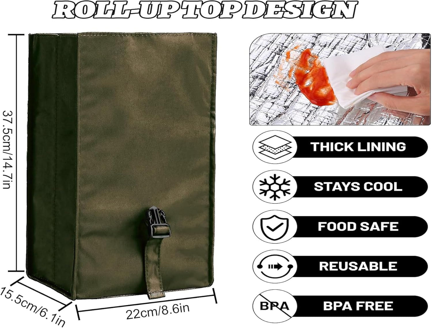 Insulated Foldable Lunch Bag- Lightweight Portable with Adjustable Shoulder Strap Lunch Box for Men, Women, Office, Work, Picnic, Hiking and Beach (Army Green(Soft Fabric))