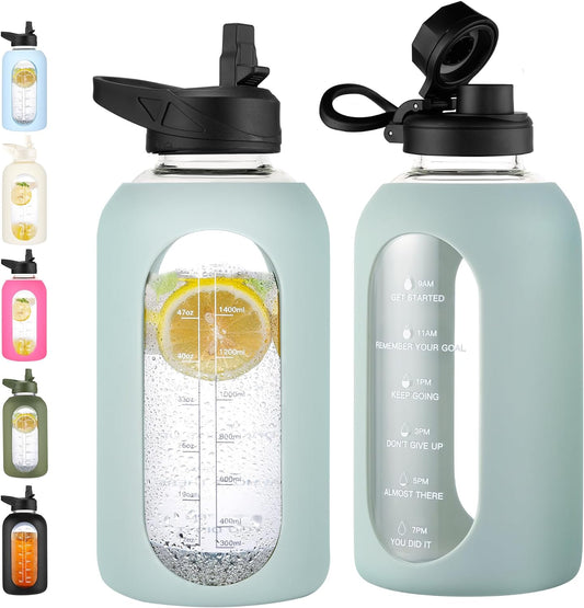CIVAGO 64 oz Glass Water Bottle Jug with Straw and Handle, Half Gallon Sports Motivational Bottle with Time Marker and 2 Lids, Flask Canteen with Silicone Sleeve for Gym, Sage