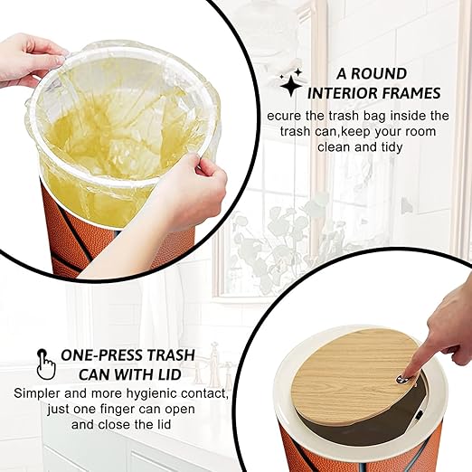 Trash Can with Lid Basketball Press Top Round Small Garbage Bin with Wooden Legs Waste Basket for Kitchen Bedroom Nursery 7L/1.8 Gallon