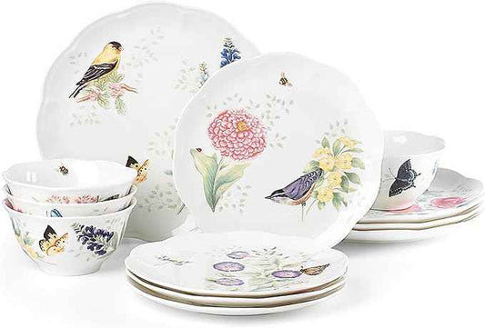 Lenox Dinnerware Set, Butterfly Meadow Flutter 12-Piece Set, Service For 4, Elegant White Porcelain, Dishwasher Safe, Chip Resistant, Plates And Bowls Sets, Home and Kitchen (Assorted, 12 Pieces)