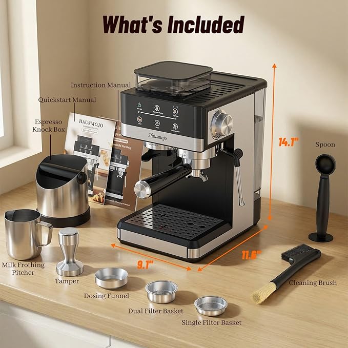 Espresso Machine with Grinder, 20Bar Expresso Coffee Machines with Milk Frother, Professional Compact Stainless Steel Coffee Maker for Espresso, Latte & Cappuccino, Perfect for Home Use