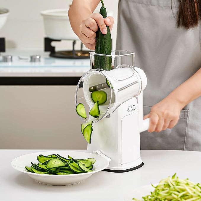 Rotary Cheese Grater Hand Crank, 5 in 1 Mandoline Vegetable Slicer - 5 Sets of Blades,Strong Suction Base&Easy to Clean - Kitchen Cheese Grater Shredder with Handle for Fruit,Vegetable,Nuts