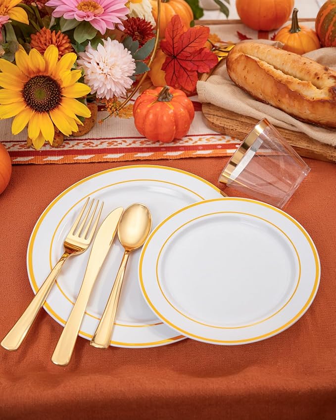bUCLA 150PCS Gold Plastic Dinnerware Set Disposable - Heavy Duty Gold Plates Include 25 Dinner & 25 Dessert Plates,25 Forks,25 Knives,25 Spoons&25 Cups for Party&Thanksgiving Table Decor