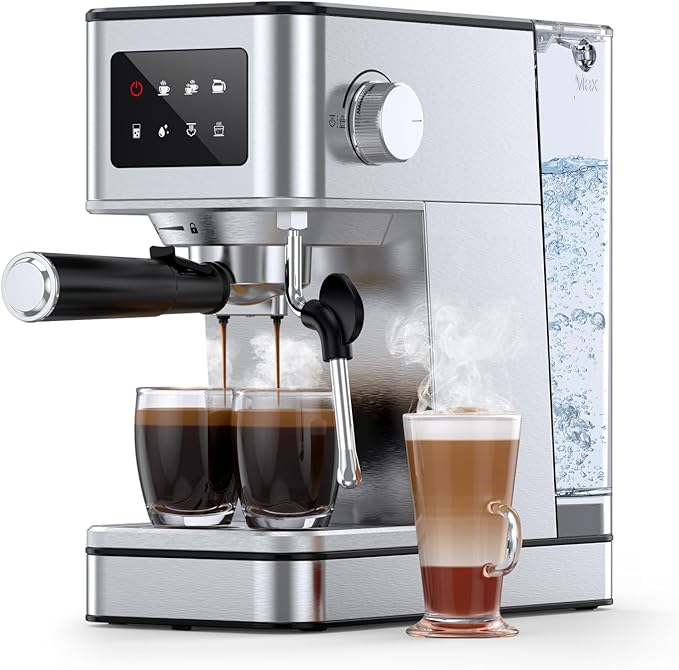 20 Bar Espresso Machine with Milk Frother, Stainless Steel Coffee Maker with Touch Screen & Cold Brew, 45s Fast Heat Small Cappuccino & Latte Machine with 57.5oz Removable Water Tank for Home, Silver