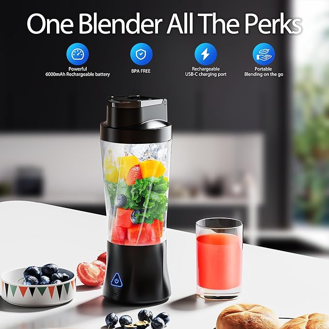 Portable Blender, Cordless, 24oz. Vessel, Personal Blender-for Shakes & Smoothies, BPA Free, Leakproof-Lid & Sip Spout, USB-C Rechargeable & Self Cleaning - Travel with 6 Sharp Blade, Black