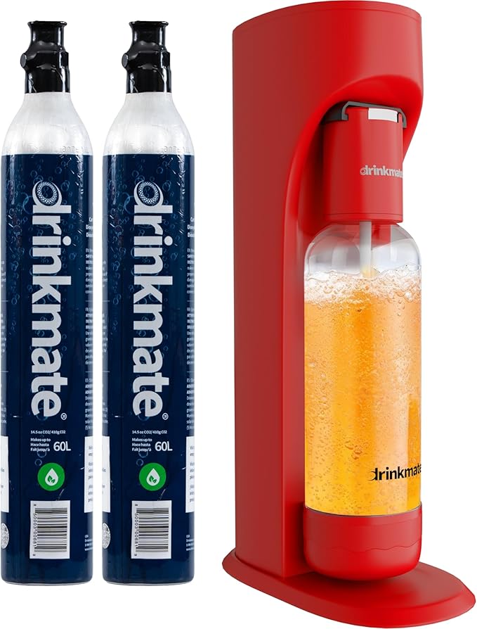 Drinkmate OmniFizz Sparkling Water Maker & Soda Streaming Machine | Carbonates Any Drink | VALUE KIT | Includes Two 60L CO2 Cartridges + One BPA-Free Bottle (Royal Red)