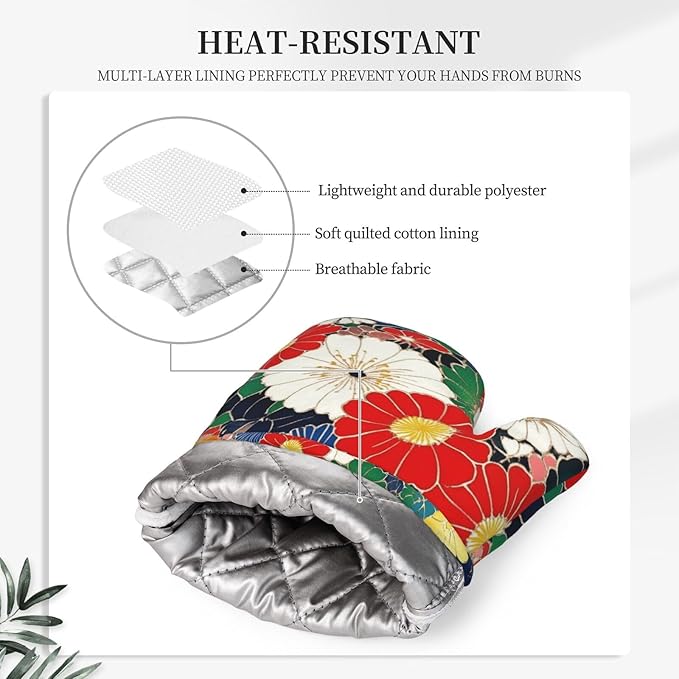 Oven Mitts and Pot Holders Flower Ethnic Art Pattern Silicone Kitchen Accessories Set of 4 Heat Resistant Long Gloves Potholder Non-Slip Grip for Chef Cooking Baking Grilling BBQ