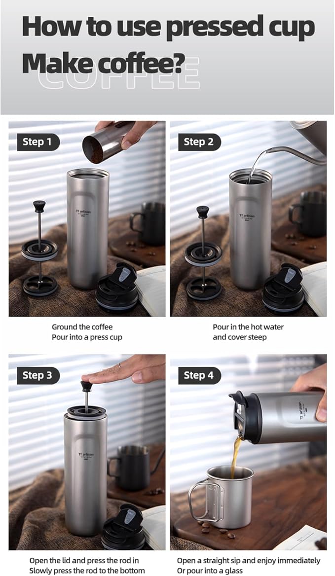 Titanium Water Bottle French Press Pot Milk Frother Coffee maker Coffee cups 16.23fl oz | Double Layer Thermal Insulation | Leakproof & Packable for Travel & Sports | (Grey)