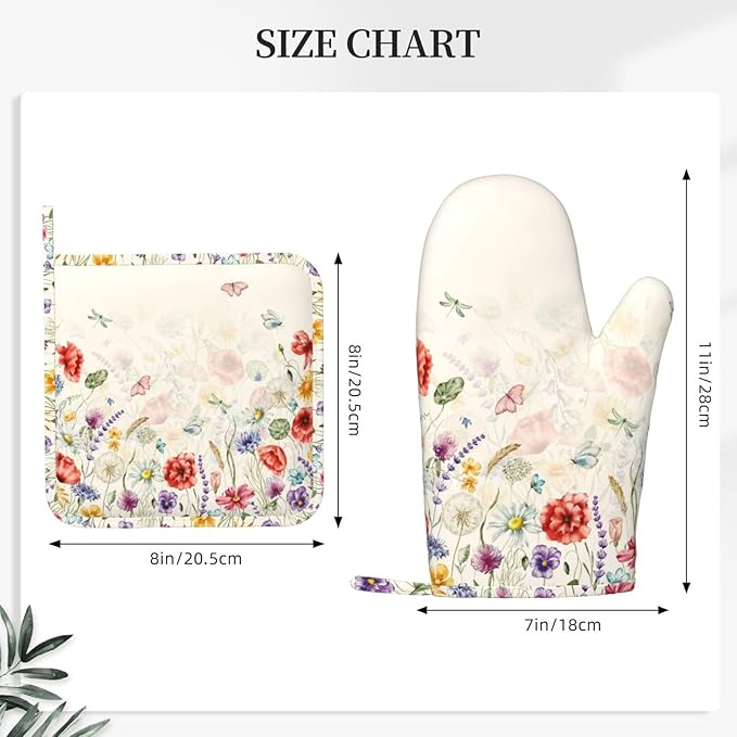 Watercolor Florals Oven Mitts and Pot Holders Sets Silicone Wildflowers Kitchen Oven Mitts Hot Pads Heat Resistant Colorful Flowers Butterfly Potholders Kitchen Mitts Set for Baking Cooking