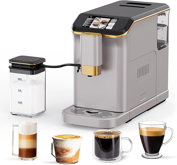 PioneerWorks Full Automatic Espresso Machine with Built-In Grinder & Milk Frother - FTF Touchscreen Coffee Maker for Latte/Cappuccino, 20 Bar Pressur & 1.5L Water Tank, 1350W, Gold