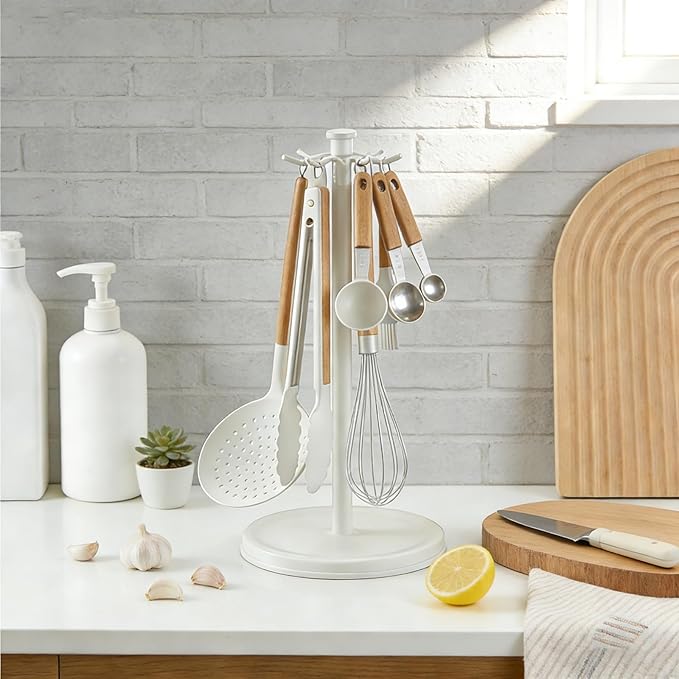 Kitchen Utensil Hanger Stainless Steel Utensil holder Rotatable Cooking Utensils Holder with 8 Hooks, Hanging Spoon Spatula Holder , White (Without Kitchen Utensils)