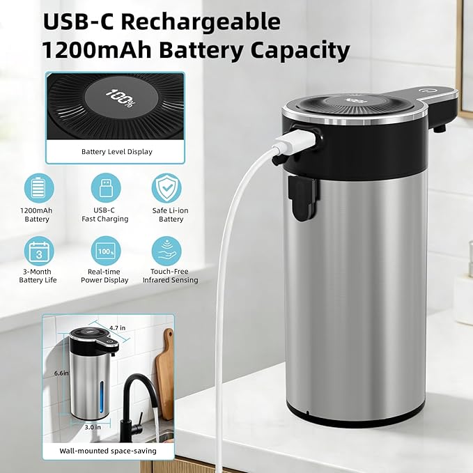 Automatic Liquid Soap Dispenser Touchless, 304 Stainless Steel Bottle Body & 13.5oz/400ml Rechargeable, 4 Adjustable Liquid Levels, IPX5 Waterproof,Level Display for Bathroom Kitchen