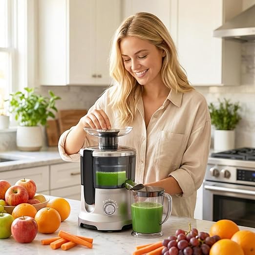 HealSmart Centrifugal Juicer Machines, 500W Juice Extractor with 2" Feed Chute and Trays for Vegetables & Fruits, Electric Juicer with 3-Speed Rapid Juicing, BPA-Free, Compact Design, Silver