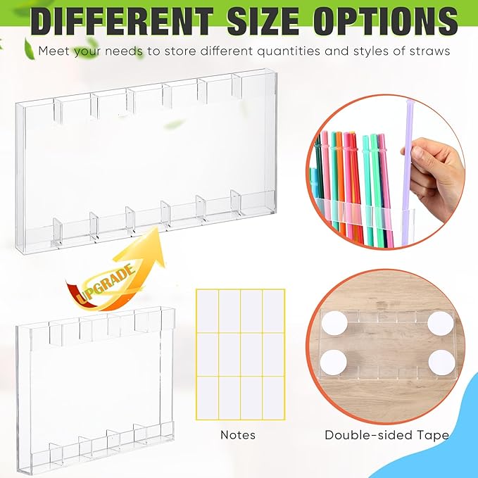 Qinyoung Acrylic Straw Holder for Cabinet Door with Double Sided Adhesive Tape Reusable Straw Organizer Tumbler Storage Kitchen Accessories Container for Counter Cupboard(Classic,Extra Large,Clear)