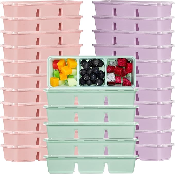 Hushee 10 Pack 17 oz Small Meal Prep Containers with 3 Compartments Snack Containers with Lid Disposable Plastic Bento Box Travel Lunch Food Boxes Stackable for Office Picnic (Purple,Pink,Mint Green)