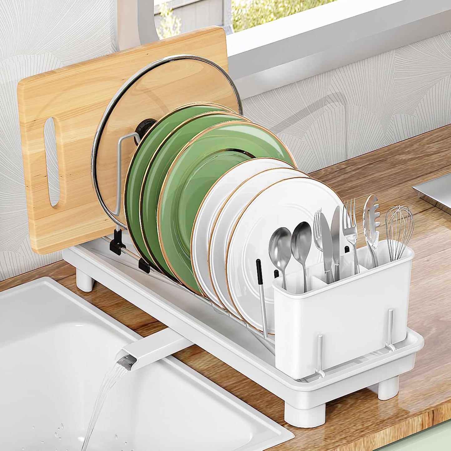 Small Dish Drying Rack, Compact Dish Rack for Kitchen Counter, Stainless Steel Dish Drainer, Dish Strainer with Cutlery Holder, White