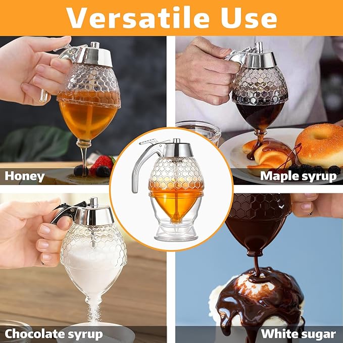 Honey Dispenser - Glass Honey Dispenser No Drip, 8oz Pot with Stand, Maple Syrup Container, Elegant Honeycomb Shaped Jar for Tea Time (general)
