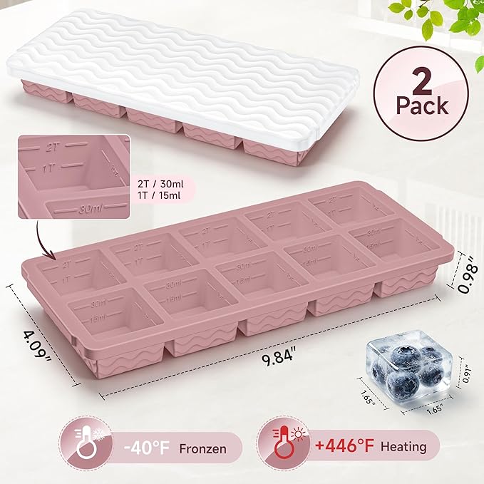 Aopigavi 2-Pack Ice Cube Trays, 10 Cubes 2 Tbsp. Silicone Freezer Molds with Lids, Reusable Ice Trays for Freezer, Kitchen, RV, Cocktail, Whiskey, Coffee, Soup & Food, BPA Free, Dishwasher Safety