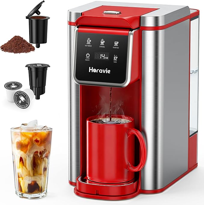 Horavie Single Serve Coffee Maker for K-Cup Pod and Grounds, Hot & Iced Coffee Maker, Strong Button Feature, 6 to 14oz Brew Sizes, 50oz Removable Reservoir, Fit 6.5" Mugs, Stainless Steel, Red