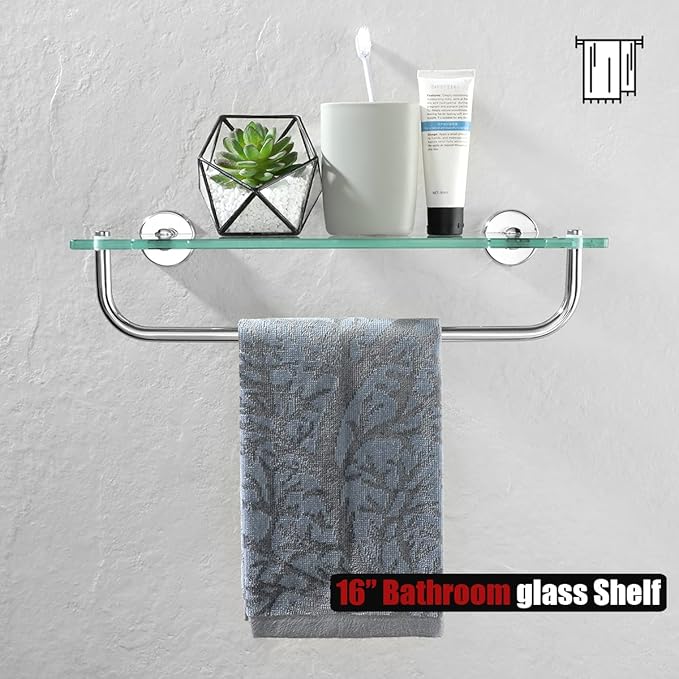 JQK Bathroom Glass Shelf Polished Chome, Shelf with 15 Inch Towel Bar Tempered Glass Shower Storage 16 by 5 inches, 304 Stainless Steel Silver Finish Wall Mount, TGS100-CH