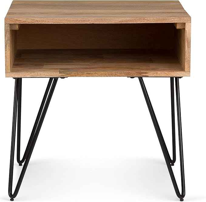 SIMPLIHOME Hunter End Table - 22 inch Wide Solid Mango Wood and Metal Square Accent Table with Open Storage Compartment and Hairpin Legs in Natural, Industrial Nightstand for Living Room or Bedroom