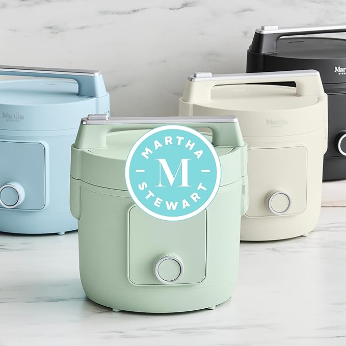 Martha Stewart Rice Cooker, 4 Cup (Uncooked) / 8 Cup (Cooked), Ceramic Non-Stick Removable Pot, Keep Warm, Measure Markings, Steam Basket, Brown & Sushi Rice, Quick Cook, Quinoa, Grains, Oats, Linen White