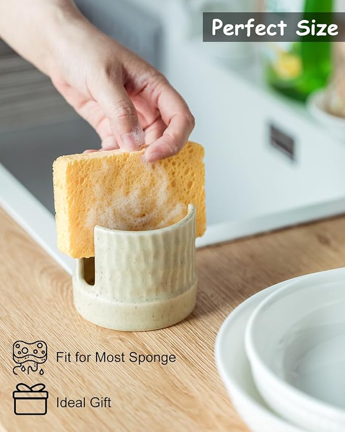 Kitchen Sponge Holder, Ceramics Sponge Dish Rack Sink Scrub Caddy for Scrubbers, Bathroom, Cute Kitchen Gadget Organizer, Yellow