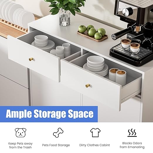 Housoul Double Tilt Out Trash Can Cabinet with 2 Drawers, Trash Storage Cabinet, Hidden Garbage Bin, Free Standing Laundry Sorter Organizer for Kitchen Dining Living Room, Bathroom, White