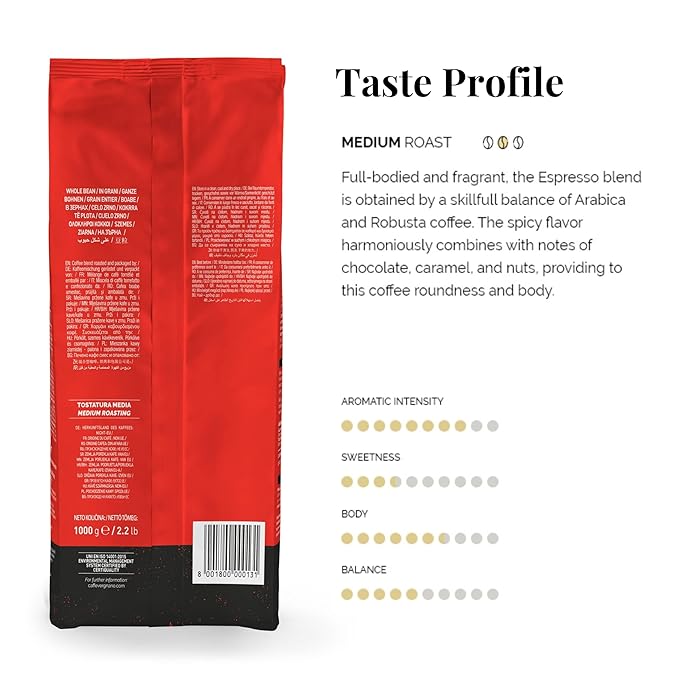 Caffe Vergnano Espresso Beans, Large 2.2lb Bag - Medium Roast Arabica Robusta Coffee Beans, Chocolate & Caramel Notes - Perfect for Expresso Machine, Moka Pot, French Press, Drip Coffee Maker