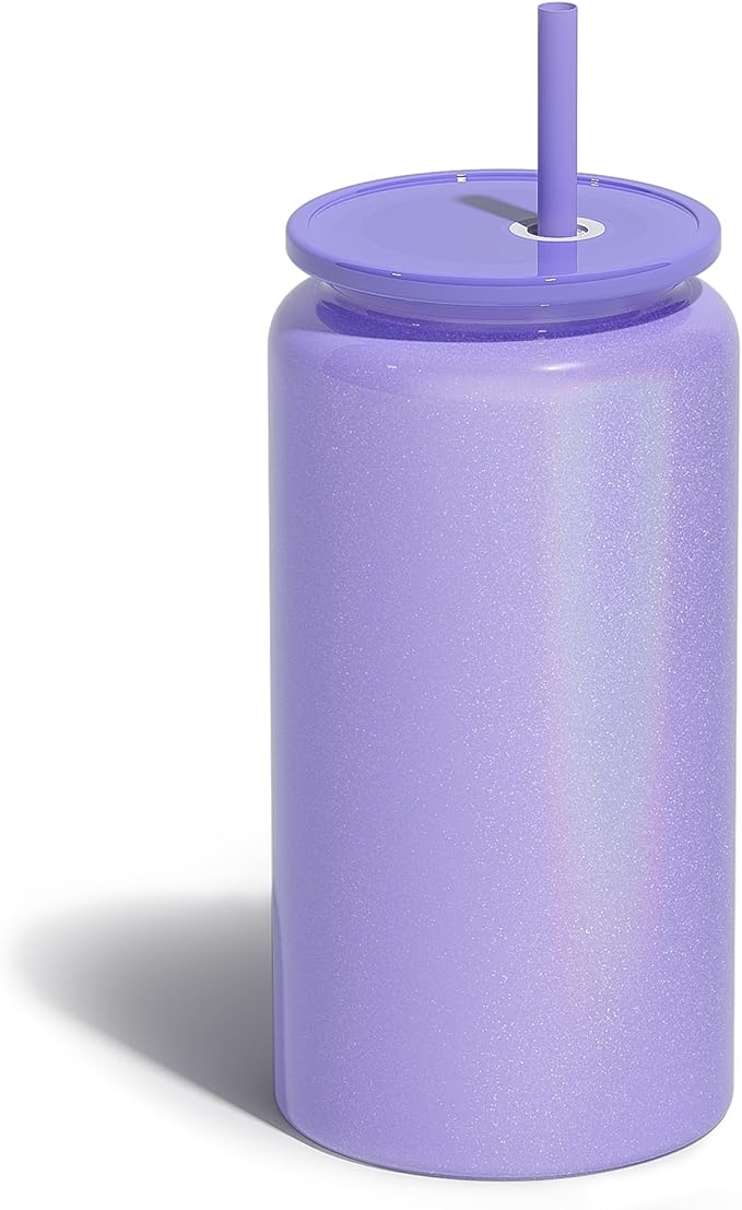 Glass Cups with Lids and Straws, 16oz Stainless Steels Cups, Beer Cups, Iced Coffee Cup, Smoothie Cup, Sublimation Tumbler, Purple (Shiny Polished Finish, Sublimatable)
