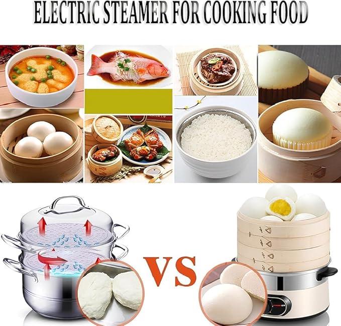 Electric Food Steamer, 2-Tier Bamboo Steamer, 60 Min Timer, Auto Shut-Off, Boil Dry Protection, 1500W