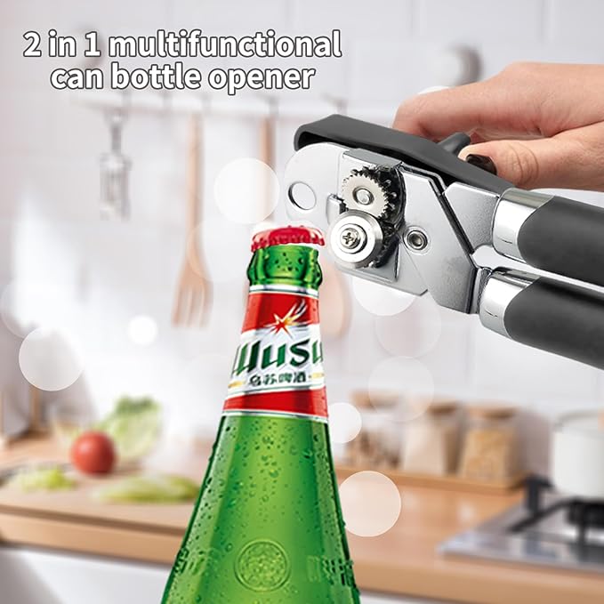 Can Opener Manual, Handheld Strong Heavy Duty Stainless Steel Can Opener, Comfortable Handle, Sharp Blade Smooth Edge, Can Openers with Multifunctional Bottle Opener, Gray