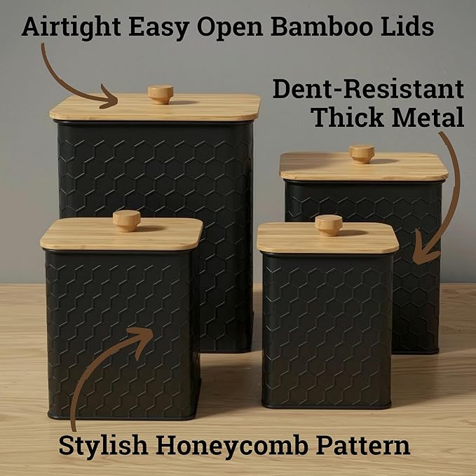 Kitchen Canisters for Countertop Set of 4 - Textured Iron Kitchen Canisters with Airtight Lids - Flour Sugar Canister Set - Flour and Sugar Containers Farmhouse - Coffee Jar for Counter - Black Jar x4