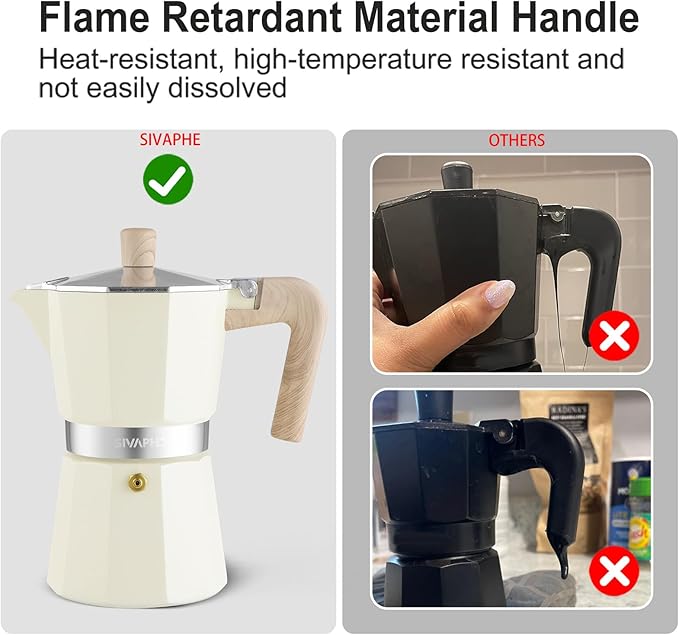 Sivaphe Aluminum Moka Pot 9 Espresso Cups, Percolator Espresso and Coffee Maker, Portable Stovetop Italian and Cuban Café Brewer for Home and Camping White