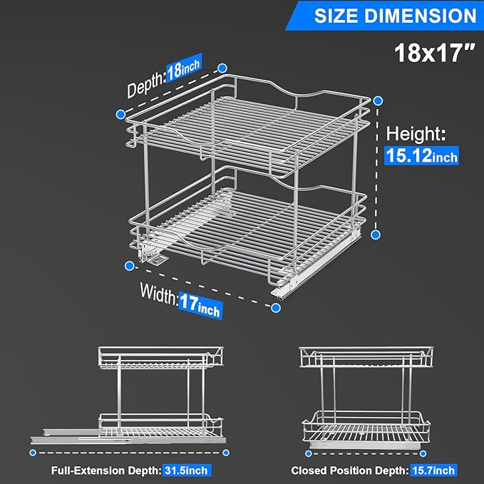 FULGENTE Chrome Finish 2 Tier (17" W X 18" D) Pull Out Drawer Cabinet Organizer Heavy Duty Slide Out Pantry Shelves Sliding Basket Storage For Home Kitchen Bathroom Under Sink Organization