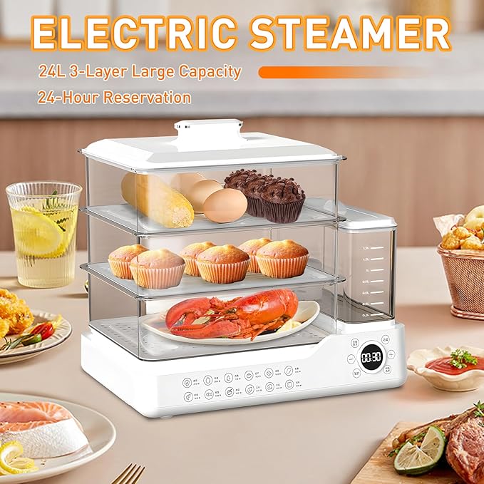 24L/25QT Electric Steamer, 3 Tier Food Steamer, Commercial Stainless Steel Steamer with Detachable Water Tank, Large Capacity Breakfast Machine with Timer, for Home, Restaurant, Party