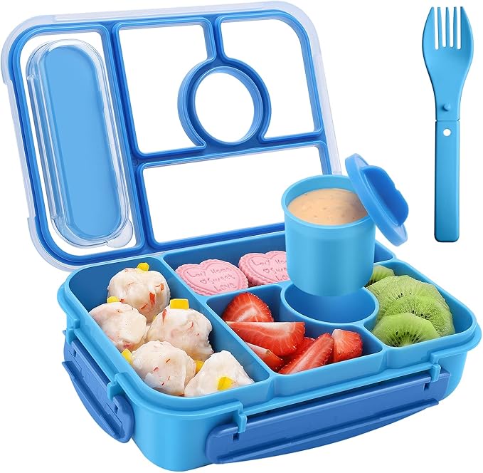 Amathley Bento Box Adult Lunch Box Kids,Lunch Containers for Adults/Kids/Toddler,5 Compartments Bento Lunch Box with Sauce Vontainers,Microwave & Dishwasher & Freezer Safe,BPA-Free (Blue)