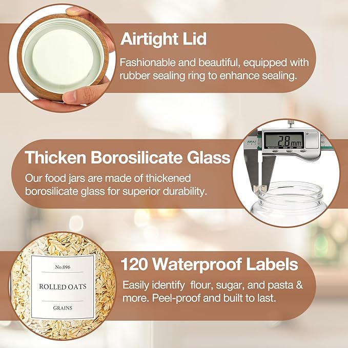 CONNOO 40oz Airtight Glass Storage Containers with Wood Lids (3-Pack) – Includes 120 Pre-Printed Waterproof White Kitchen Labels – Tall Pantry Canisters for Flour, Pasta & Cereal