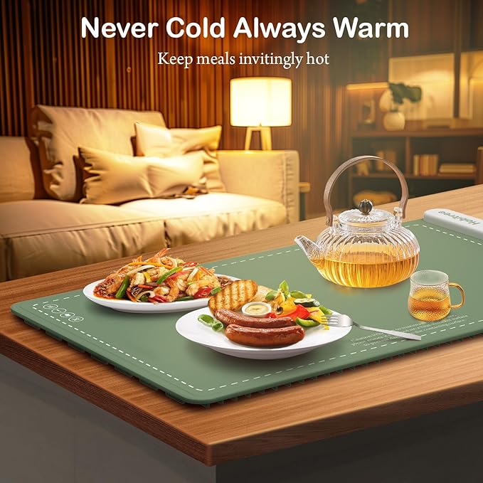 3-Pack Silicone Food Warming Mat & Food Warmers for Parties Buffet - Rapid Heating 6-Level Temp Control, Rollable Portable Easy Clean - Value Set for Gatherings & Home Daily Use（Green）