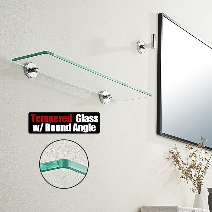 JQK Bathroom Glass Shelf Chrome, Tempered Glass Shower Storage 20 by 5 inches, 304 Stainless Steel Polished Chrome Wall Mount, TGS101L20-CH