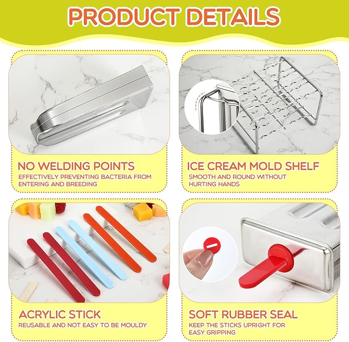 Jingmore Stainless Steel Pop Molds, 6 Round Head Metal Pop Molds with Holder & Reusable Sticks, Metal Ice Cream Makers for Frozen Yogurt Fruit Ice Cream Sorbet Making(Square)