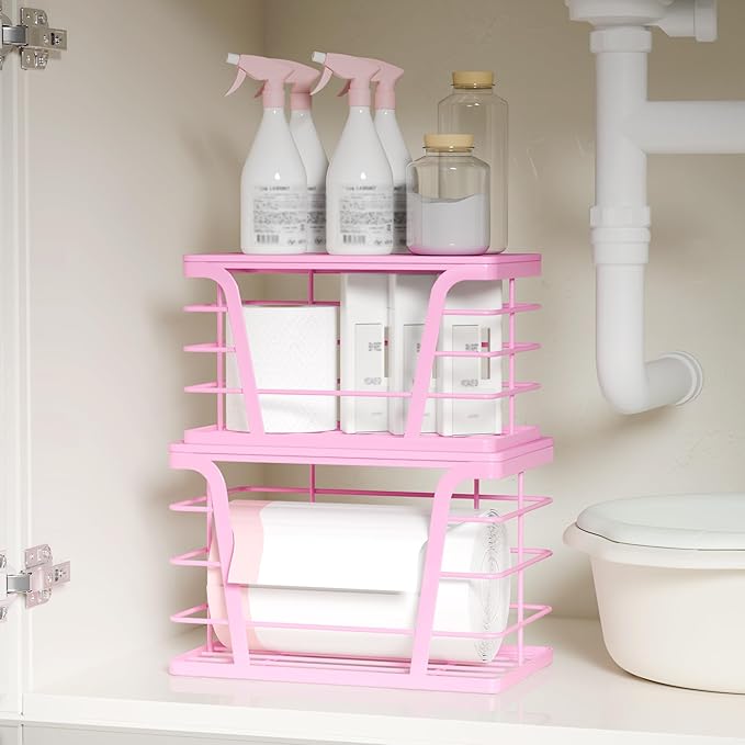 2 Pack Pink Trash Bag Holder - Stackable Garbage Bag Dispenser with Bamboo Top, Kitchen Accessories & Decor, Wall Mount Storage for Kitchen, Home, Bathroom Decor & Gifts