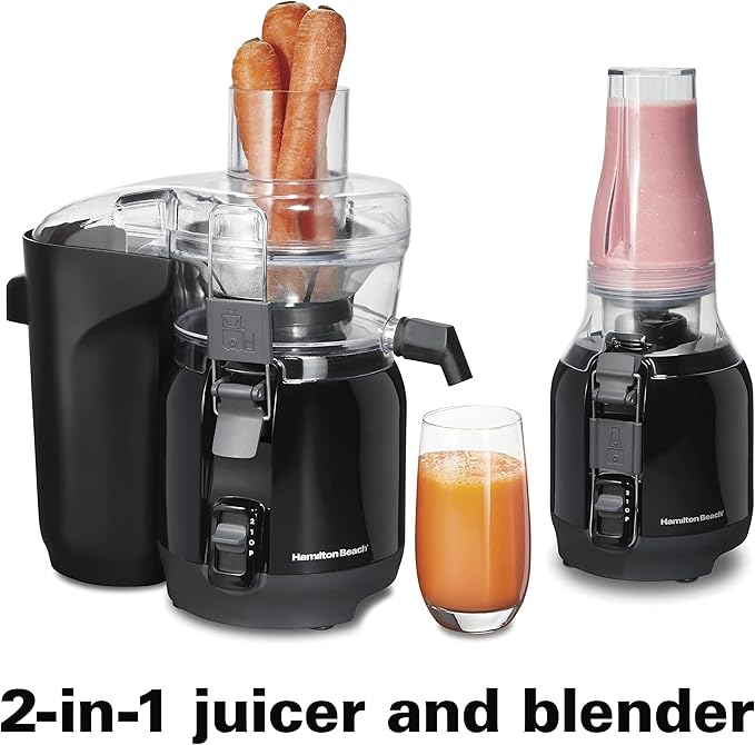 Hamilton Beach Juice & Blend 2-in-1 Juicer Machine and 20 oz. Blender, Big Mouth Large 3” Feed Chute for Whole Fruits and Vegetables, Easy to Clean, Centrifugal Extractor, 800W Motor, Black (67970)