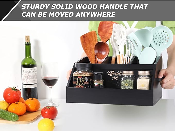 Innovation Kitchen Utensil Holder for Countertop with 4 Compartments, Wood Utensil Organizer for Cooking Tools, Black (Utensil Not Included)