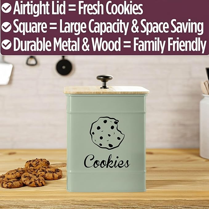 Cookie Jar with Airtight Lid - 1 Gallon - 6"D x 8"H Green Iron Cookie Tin with Bamboo Lid - Large Cookie Jars with Lids Airtight - Farmhouse Cookie Jars for Kitchen Counter Decorative - Cookies Jar