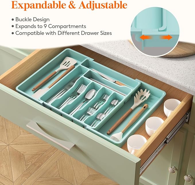 Lifewit Utensil Organizer for Kitchen Drawer, Expandable Cooking Silverware Tray, Adjustable Cutlery Flatware Holder, Plastic Spatula Tools Storage Divider, 13-22.4 x 15", Turquoise