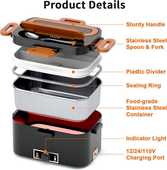 IFENROL Electric Heated Lunch Box for Adults, 100W 3-IN-1 2 Pack 1.8L Containers Heating Lunch Box for Men Portable Double Layer, Fast Heated Food Warmer,12V/24V/110V for Car Truck Office Home