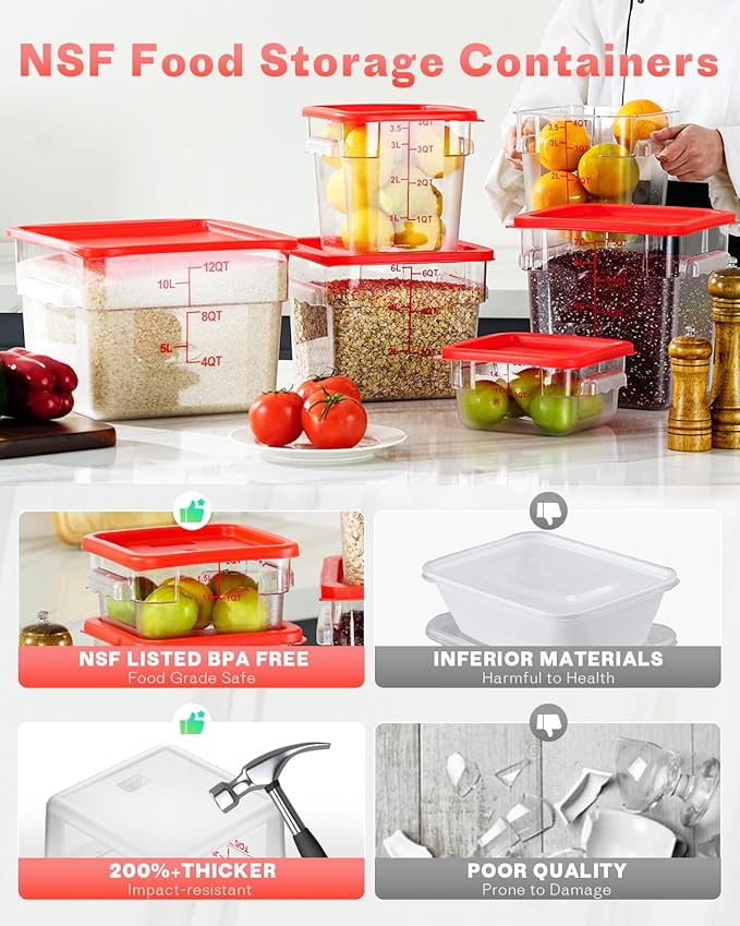 12 Quarts Sous Vide Container: 6 PCS Commercial Food Storage Containers with Lids - Clear Food Container with Scales Handles for Home Restaurant Kitchen Storage Pizza Bread, Red N1